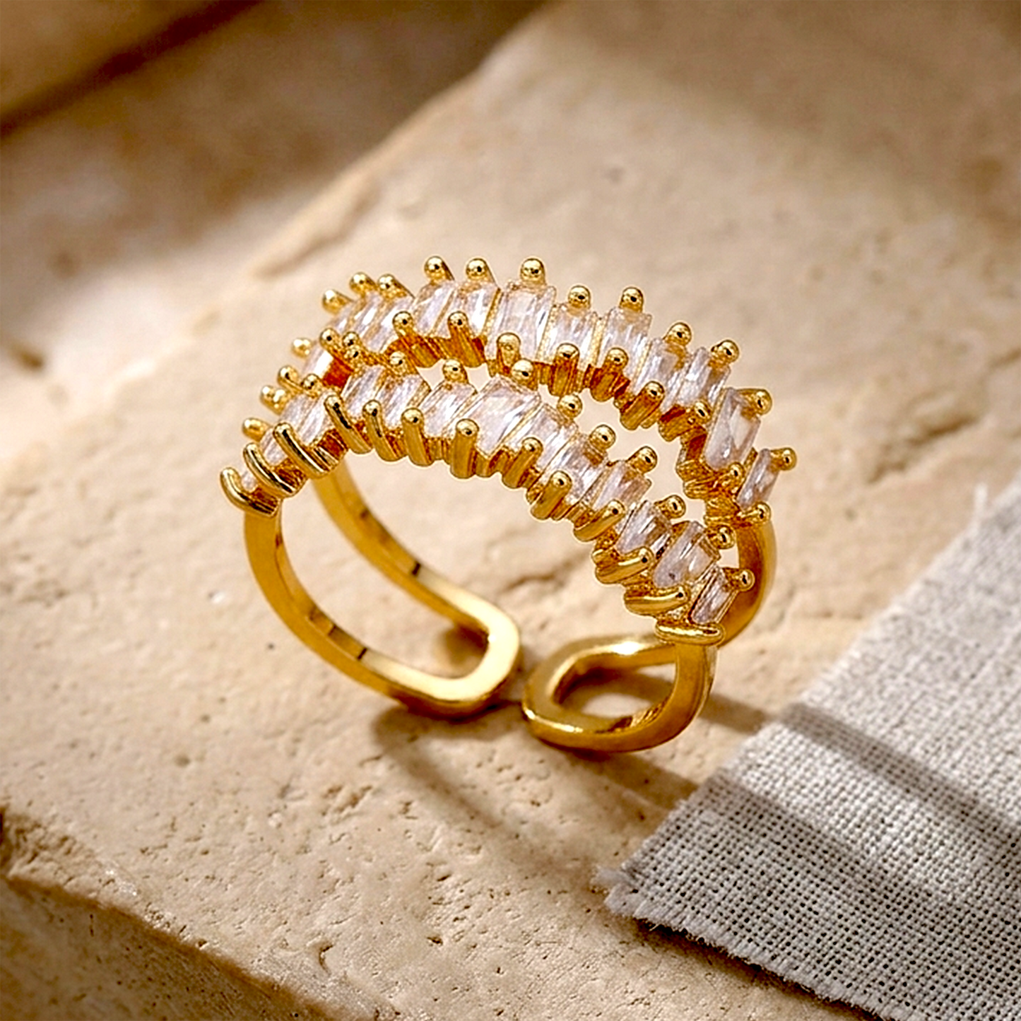 Gilded Glamour: Anti-Tarnish Dual-Row Baguette Eternity Ring