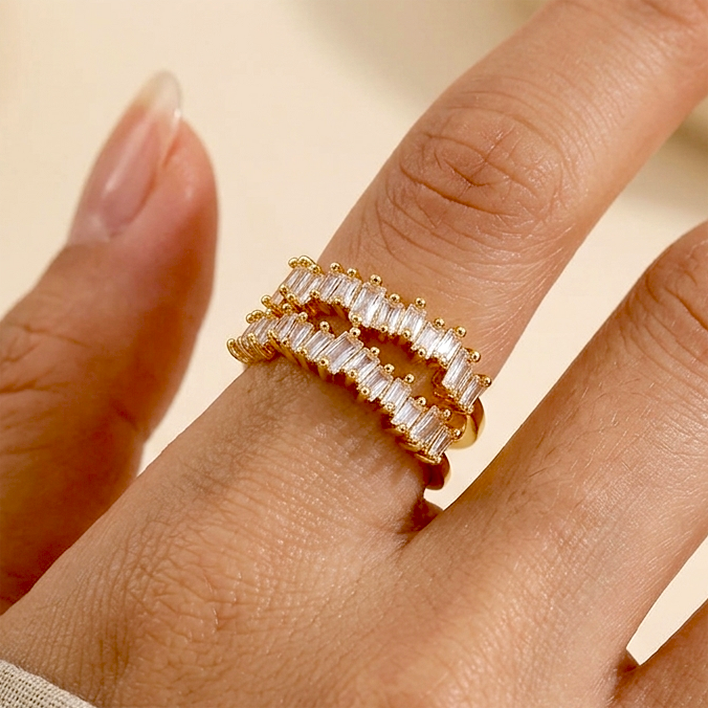 Gilded Glamour: Anti-Tarnish Dual-Row Baguette Eternity Ring