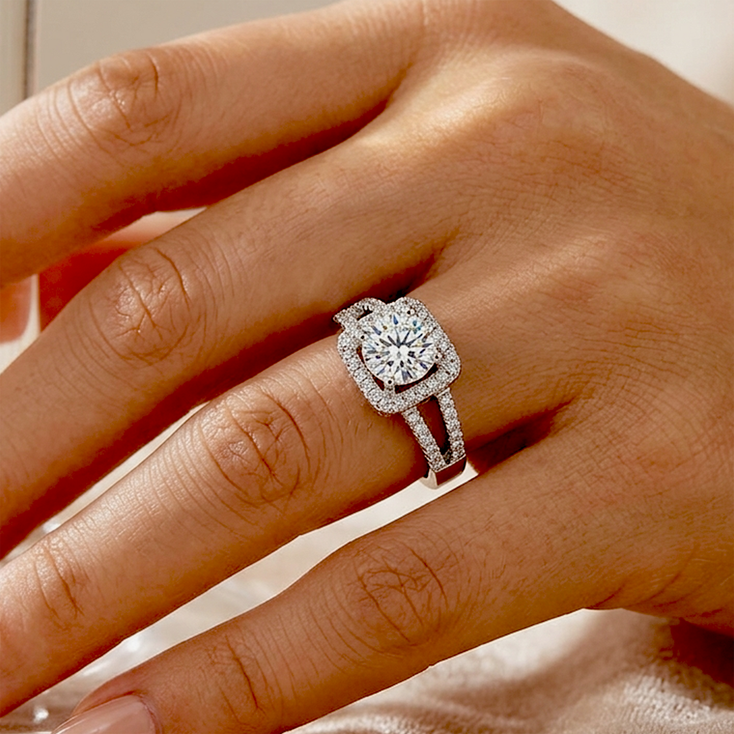 Radiant Cushion Halo Split-Shank Ring | Adjustable & Anti-Tarnish