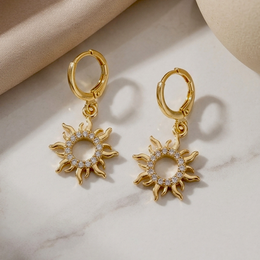 Celestial Sun Charm Huggie Earrings – Golden Plated Anti-Tarnish Hoops with Pavé Zirconia