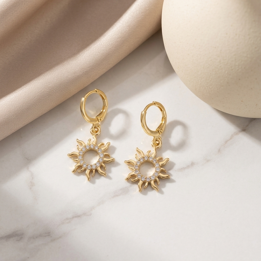 Celestial Sun Charm Huggie Earrings – Golden Plated Anti-Tarnish Hoops with Pavé Zirconia