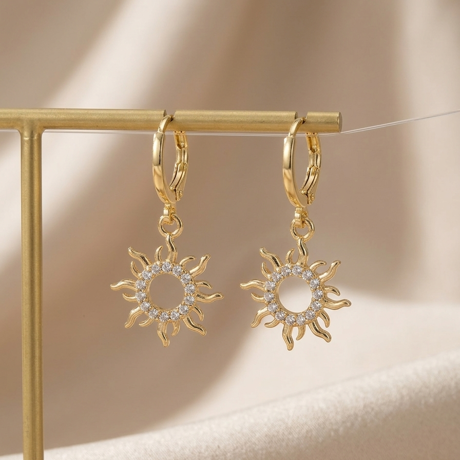 Celestial Sun Charm Huggie Earrings – Golden Plated Anti-Tarnish Hoops with Pavé Zirconia