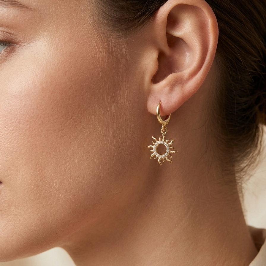 Celestial Sun Charm Huggie Earrings – Golden Plated Anti-Tarnish Hoops with Pavé Zirconia