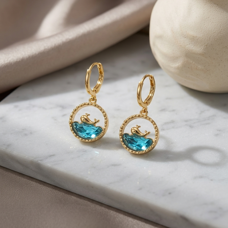 Ocean Breeze Dolphin Drop Earrings – Golden Plated Anti-Tarnish Hoops with Aqua Crystal