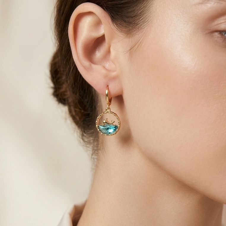 Ocean Breeze Dolphin Drop Earrings – Golden Plated Anti-Tarnish Hoops with Aqua Crystal