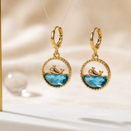 Ocean Breeze Dolphin Drop Earrings – Golden Plated Anti-Tarnish Hoops with Aqua Crystal