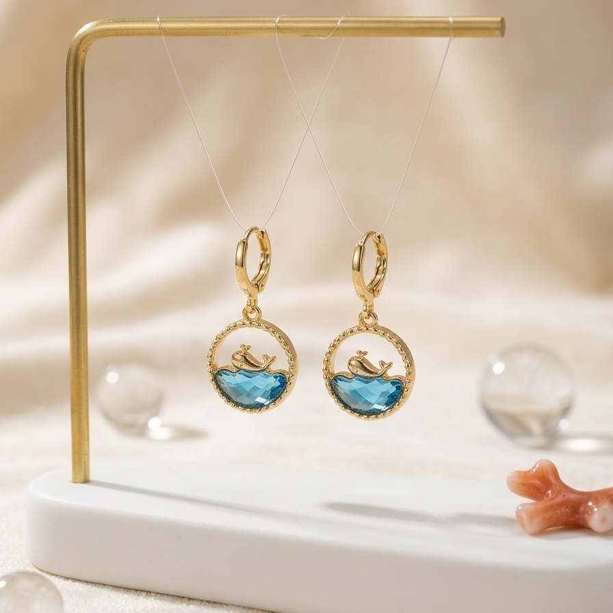 Ocean Breeze Dolphin Drop Earrings – Golden Plated Anti-Tarnish Hoops with Aqua Crystal