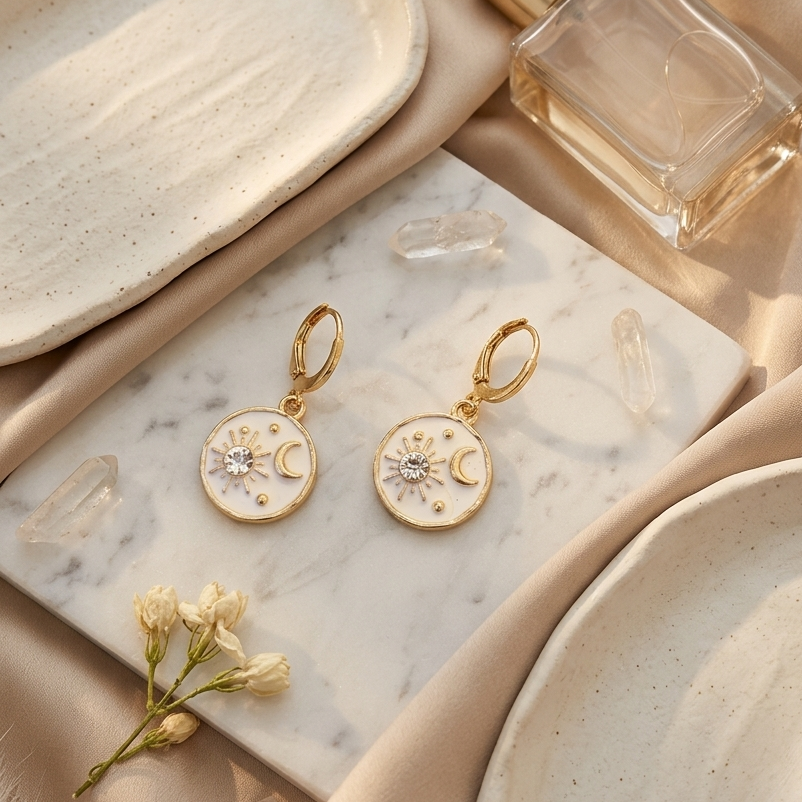 Midnight Muse Celestial Drop Earrings – Anti-Tarnish Enamel Coin Hoops