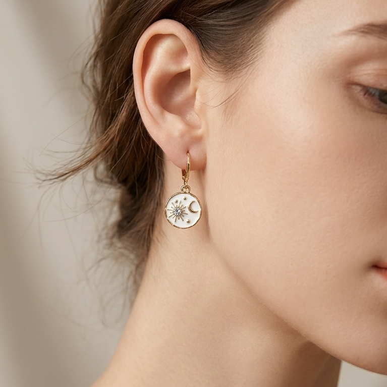 Midnight Muse Celestial Drop Earrings – Anti-Tarnish Enamel Coin Hoops