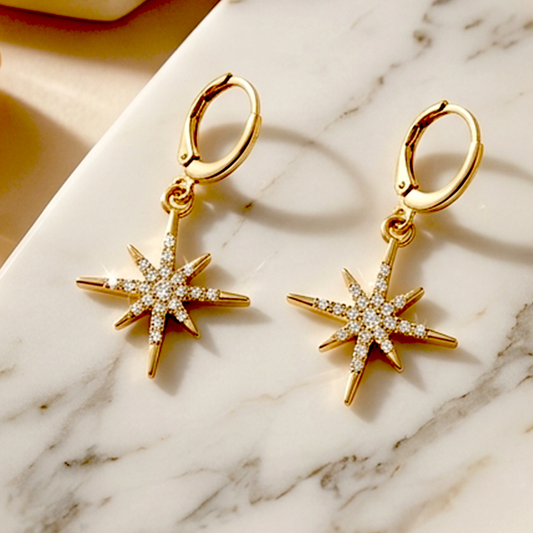 Ethereal Glow North Star &amp; Sunburst Huggies – Golden Plated Anti-Tarnish Celestial Drop Earrings