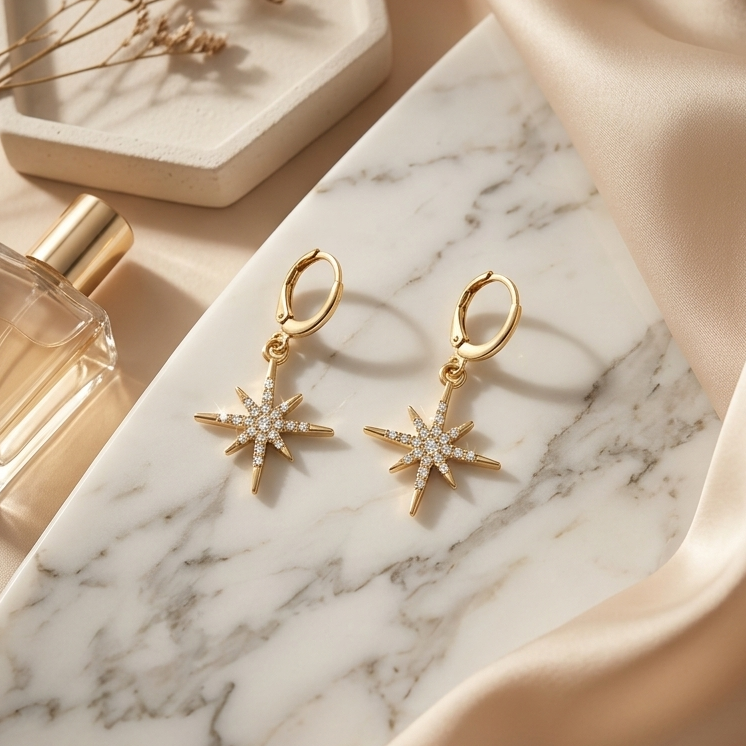 Celestial North Star Huggie Drop Earrings | Minimalist Lightweight Sparkly Hoop Dangles