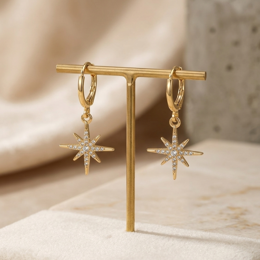 Celestial North Star Huggie Drop Earrings | Minimalist Lightweight Sparkly Hoop Dangles