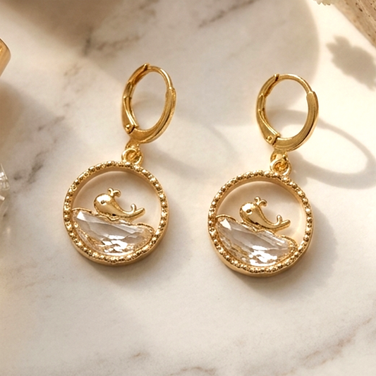 Serene Elements Collection: Anti-Tarnish Golden Plated Huggies – Sparkling Sunburst &amp; Crystal Whale Drop Earrings