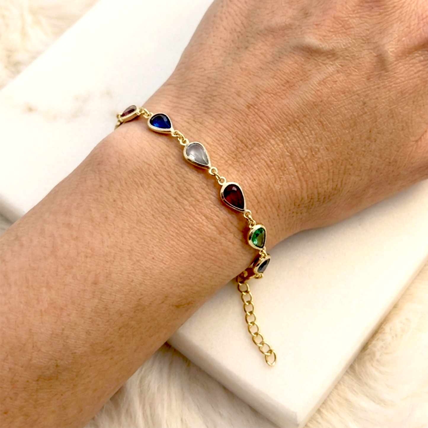 Dainty Rainbow Teardrop Bracelet | Anti-Tarnish Gold Chain