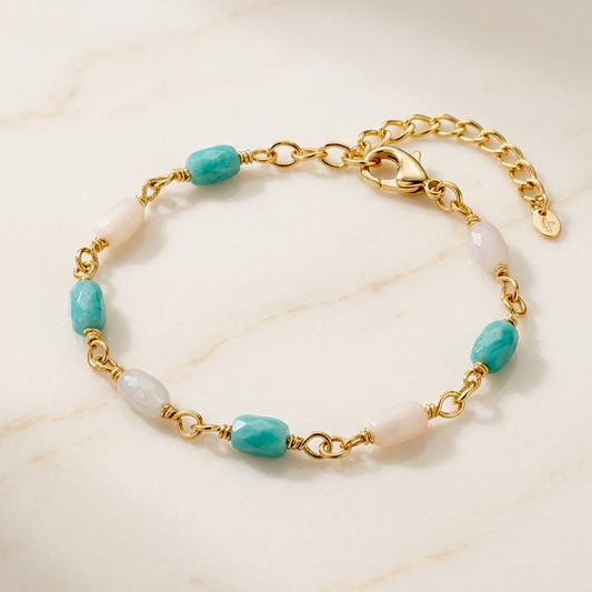 Dainty Amazonite and Moonstone Bead Bracelet – Gold Wire Wrapped Gemstone Chain