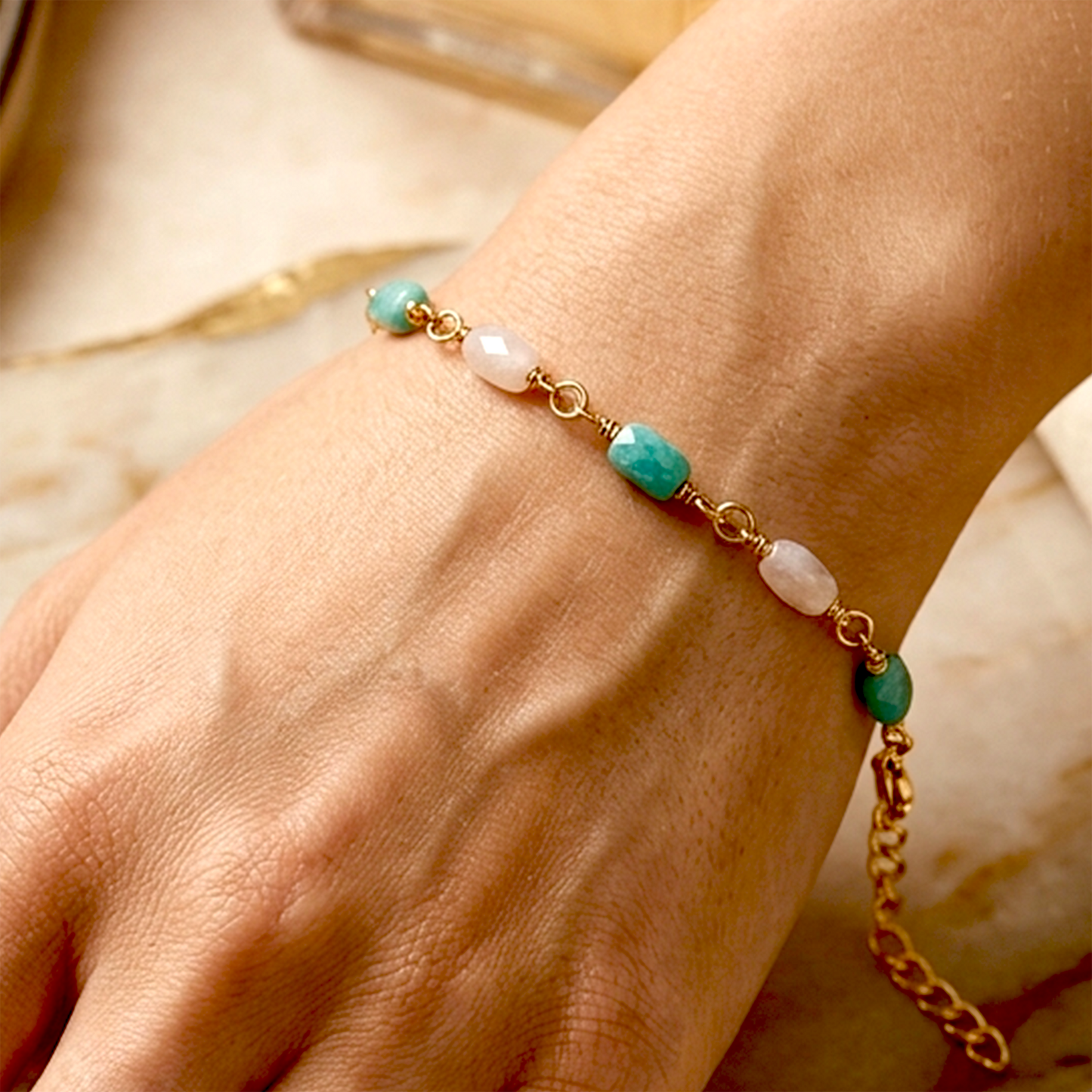 Dainty Amazonite and Moonstone Bead Bracelet – Gold Wire Wrapped Gemstone Chain