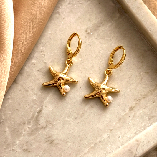 Celestial Sun &amp; Ocean Starfish Drop Earrings – Golden Plated Anti-Tarnish Huggies with Pearl and Zirconia Details