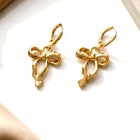 Luxe Anti-Tarnish Huggie Collection – Golden Plated Ribbon Bow &amp; Pavé Sunburst Drop Earrings