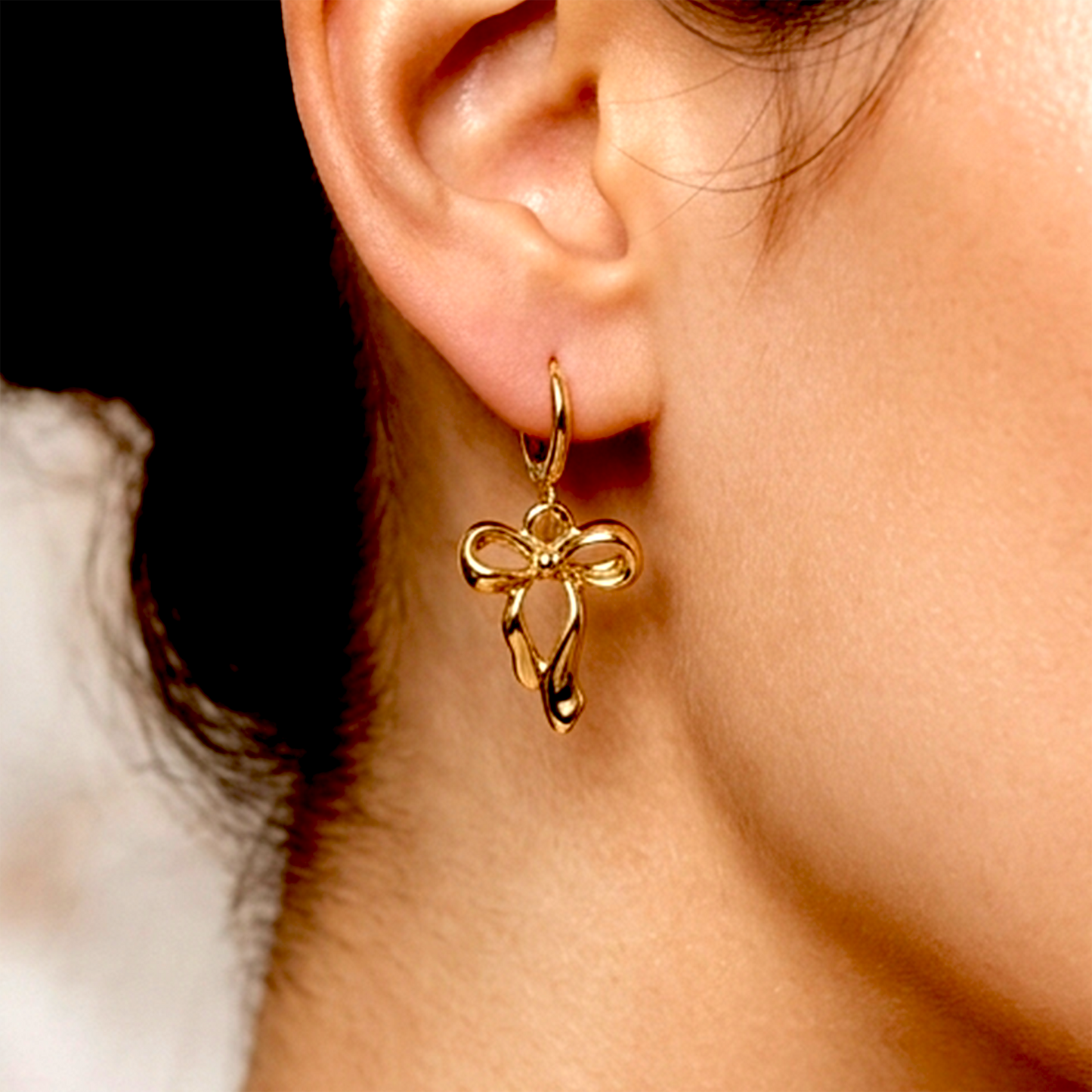 Luxe Anti-Tarnish Huggie Collection – Golden Plated Ribbon Bow &amp; Pavé Sunburst Drop Earrings