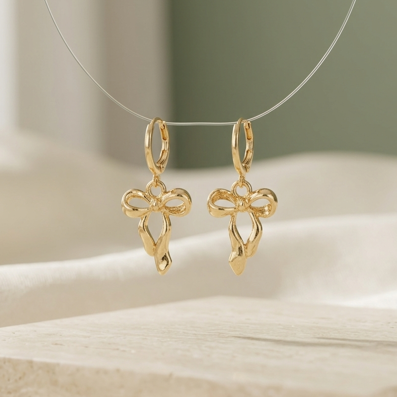 Coquette Ribbon Bow Huggie Drop Earrings | Lightweight Secure Huggie Earring Gift Jewelry