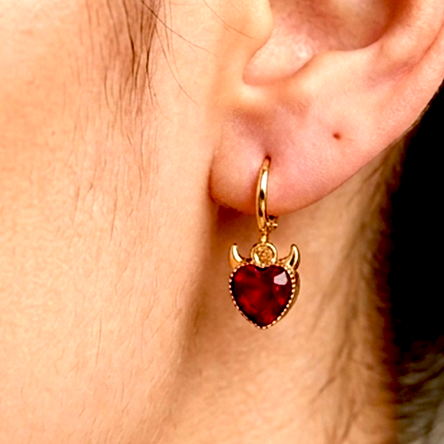 Radiant &amp; Edgy Celestial Collection – Golden Plated Anti-Tarnish Huggies | Ruby Red Devil Heart &amp; Crystal Sunburst Earrings