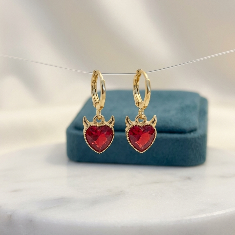 Gothic Devil Heart Huggie Drop Earrings | Lightweight Playful Valentines Gift Jewelry