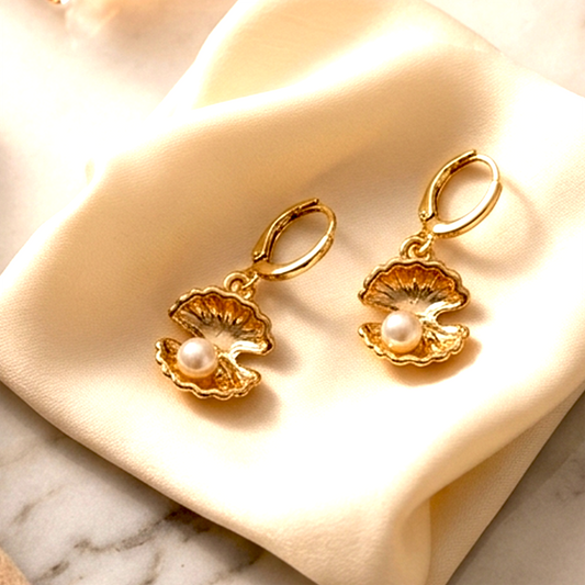 Luxe Anti-Tarnish Huggie Collection – Golden Plated Solstice Sunburst &amp; Pearl-in-Shell Drop Earrings