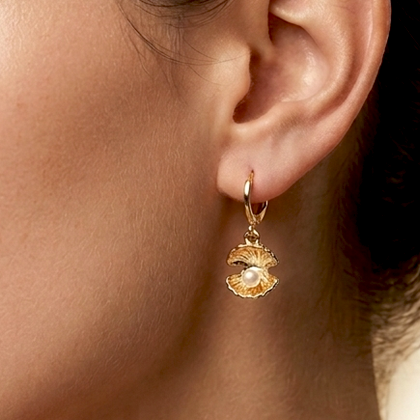 Luxe Anti-Tarnish Huggie Collection – Golden Plated Solstice Sunburst &amp; Pearl-in-Shell Drop Earrings