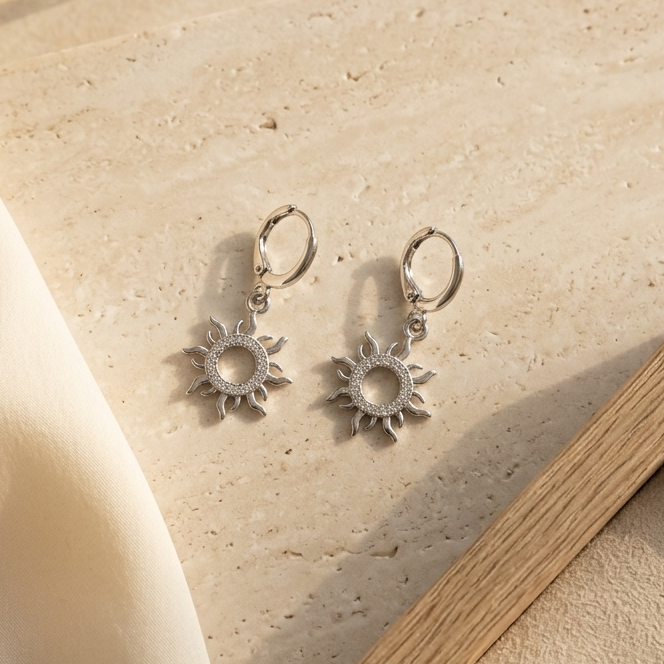 Celestial Silver Sunburst Huggie Drop Earrings | Lightweight Secure Huggie Cosmic Jewelry Gift