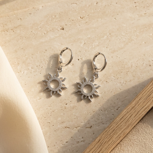 Celestial Silver Sunburst Huggie Drop Earrings | Lightweight Secure Huggie Cosmic Jewelry Gift
