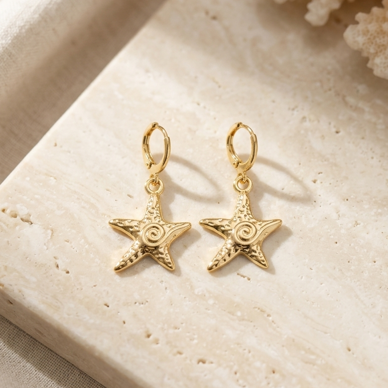 Coastal Spiral Starfish Huggie Drop Earrings | Lightweight Secure Huggie Everyday Summer Jewelry