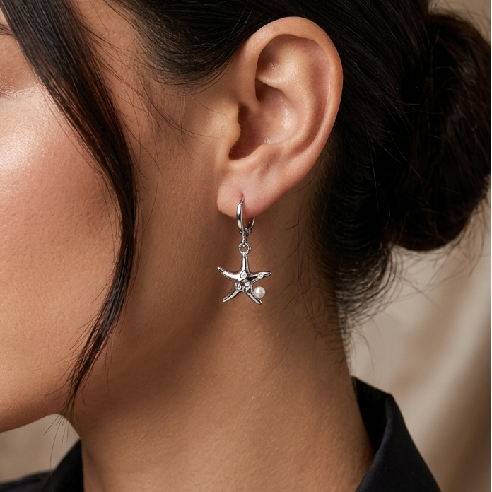 Coastal Silver Starfish Pearl Huggie Drop Earrings | Shimmering Nautical Pearl Dangle Earrings for Women