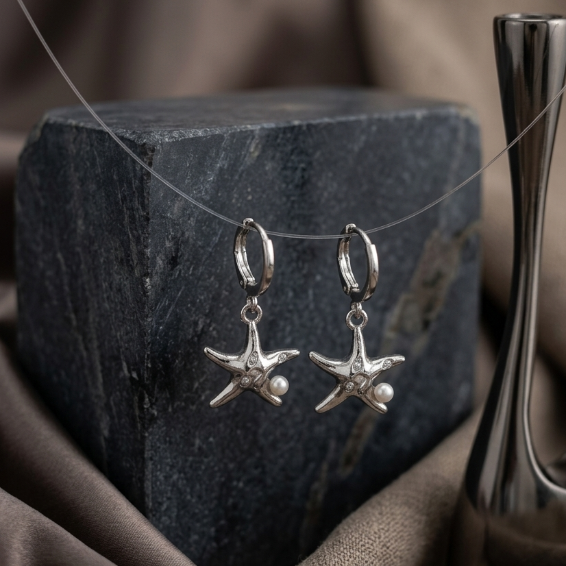 Coastal Silver Starfish Pearl Huggie Drop Earrings | Shimmering Nautical Pearl Dangle Earrings for Women