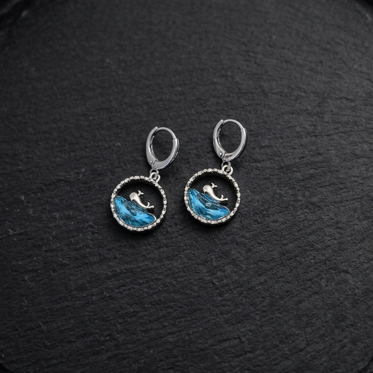 Coastal Silver Whale Ocean Drop Earrings | Shimmering Turquoise Blue Wave Huggie Earrings for Women