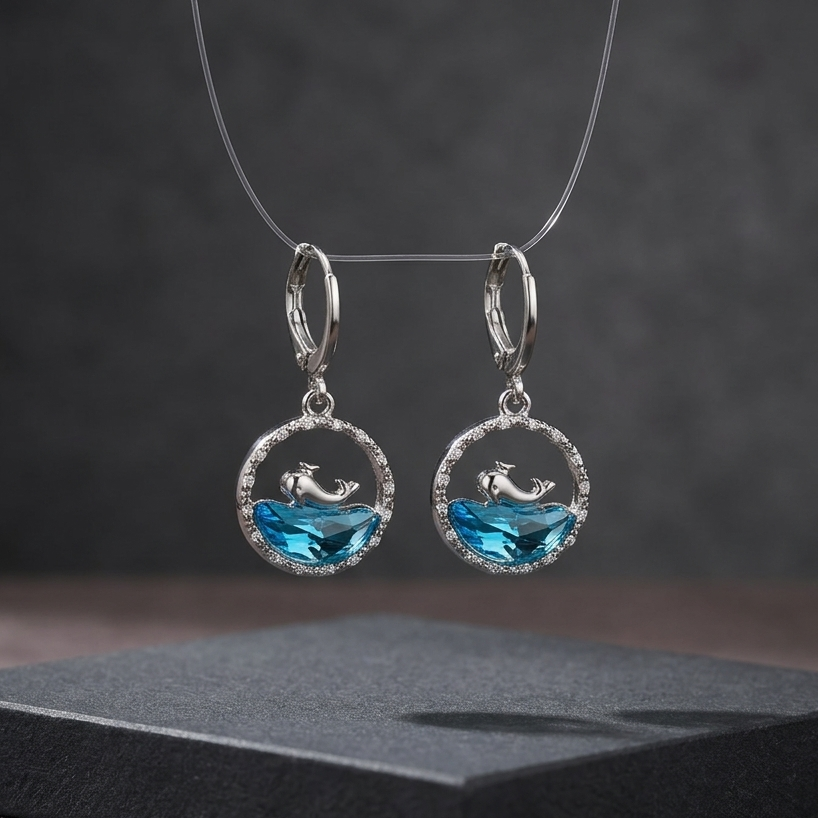 Coastal Silver Whale Ocean Drop Earrings | Shimmering Turquoise Blue Wave Huggie Earrings for Women