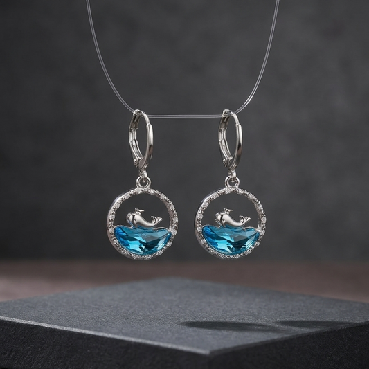 Coastal Silver Whale Ocean Drop Earrings | Shimmering Turquoise Blue Wave Huggie Earrings for Women