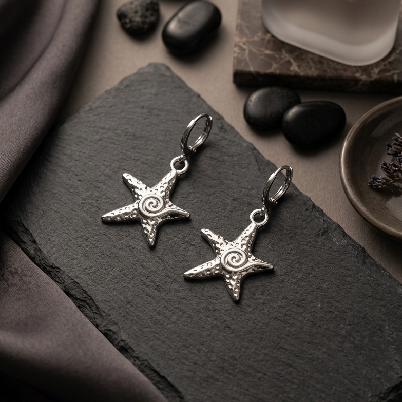 Coastal Silver Spiral Starfish Huggie Drop Earrings | Textured Starfish Dangle Earrings for Women