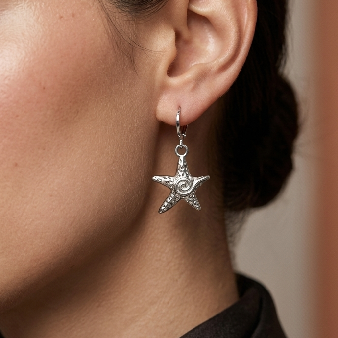 Coastal Silver Spiral Starfish Huggie Drop Earrings | Textured Starfish Dangle Earrings for Women