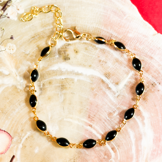 Golden Anti-Tarnish Stainless Steel Based Black Stone Studded Bracelet 17