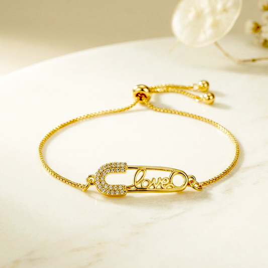 Golden Anti-Tarnish Stainless Steel Based Stone Studded Safety Pin Love Bracelet 20