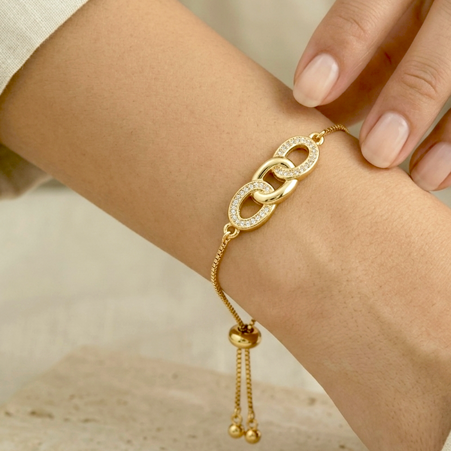 Golden Anti-Tarnish Stainless Steel Based Stone Studded Interlinked Bracelet 21