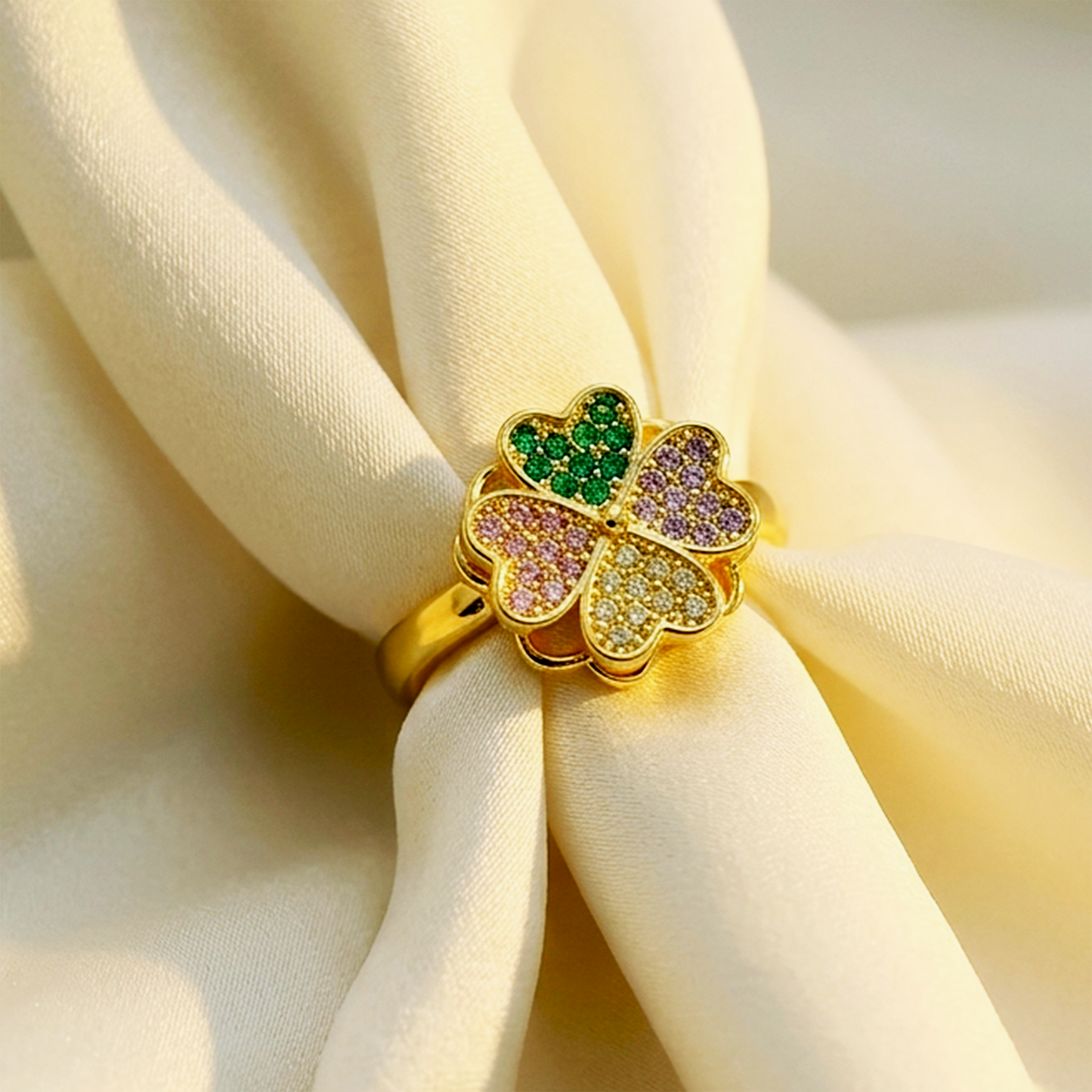 Stainless Steel Based Golden Anti-Tarnish American Diamond Clover Ring for Women Adjustable Ring 1